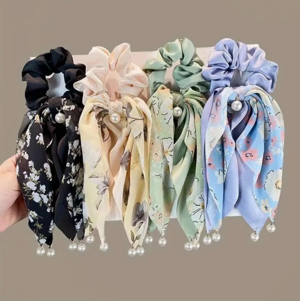 💕 ponytail scrunchy with floral bow streamer